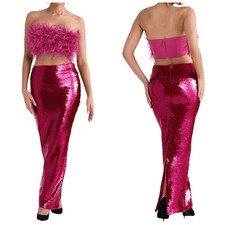 House of CB Alexis Hot Pink Sequin Maxi Skirt Small NWT Slit