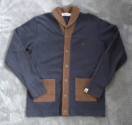 A Bathing Ape BAPE Button Front Cardigan Sweater Logo Pockets Blue/Brown M