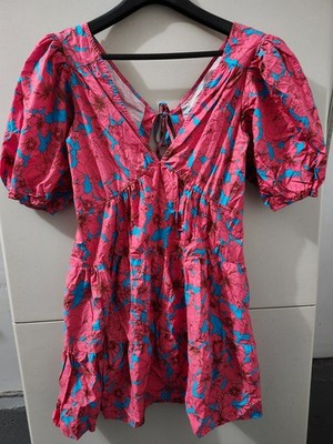 Xirena Dress Womens M Pink Nissa Open Tie Back Mini Flare Puff Geometric Vneck