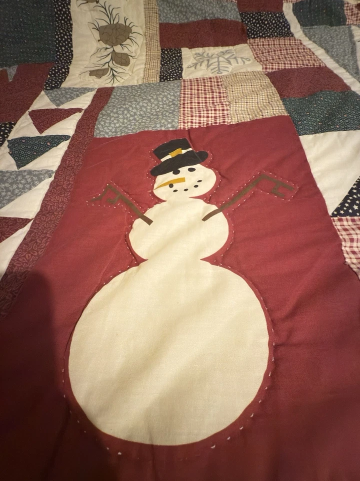 Handmade Winter Christmas Patchwork Appliqué Quilt Queen Sized Snowmen Holiday - Image 4 of 4