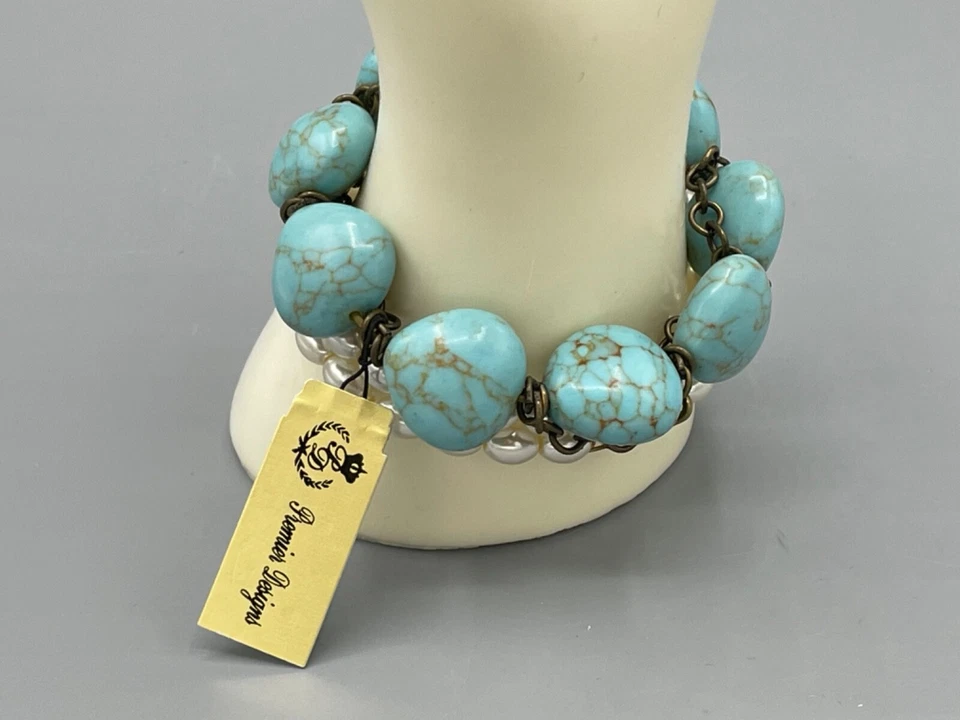Premier Designs Resort Set Stretch Bracelet 5817 Brass Faux Turquoise Pearls - Image 4 of 4