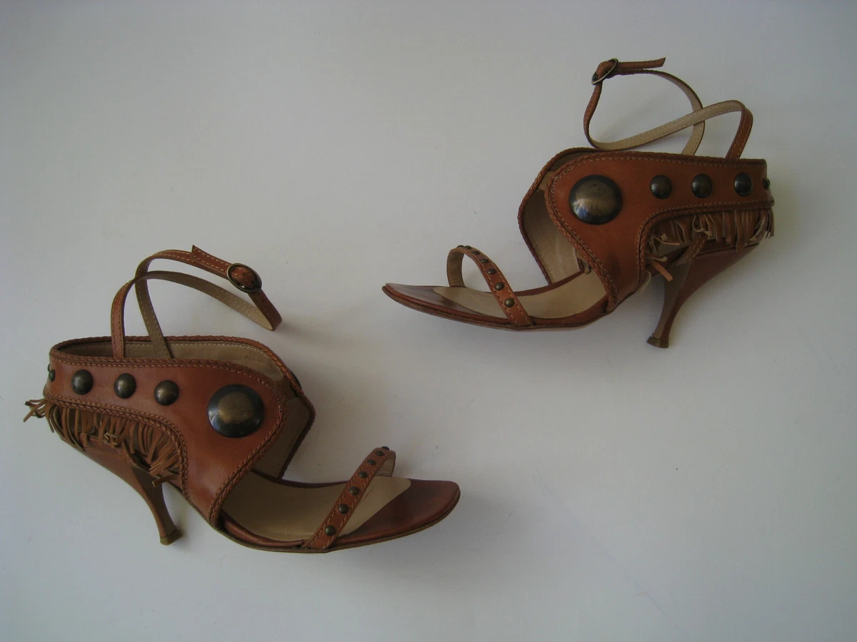 KALLISTE BRITISH TAN LEATHER HI HEEL STUDDED SANDALS US10 EUR40