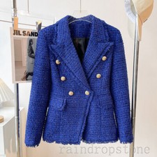 Womens Slim Fit Jacket Tweed Double Breasted Dark Blue Blazer with Gold Buttons