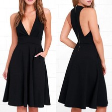 Women's Fashion Deep V Sleeveless Large Swing Dress Party Casual Dress Attire US