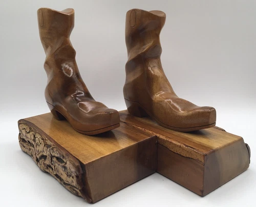 Vintage Carved Myrtlewood Cowboy Boot Bookends w/ Rough Edge Pair MCM Rustic