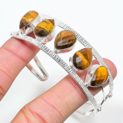 Tiger's Eye Gemstone Handmade 925 Sterling Silver Jewelry Bangle Sz 7-8