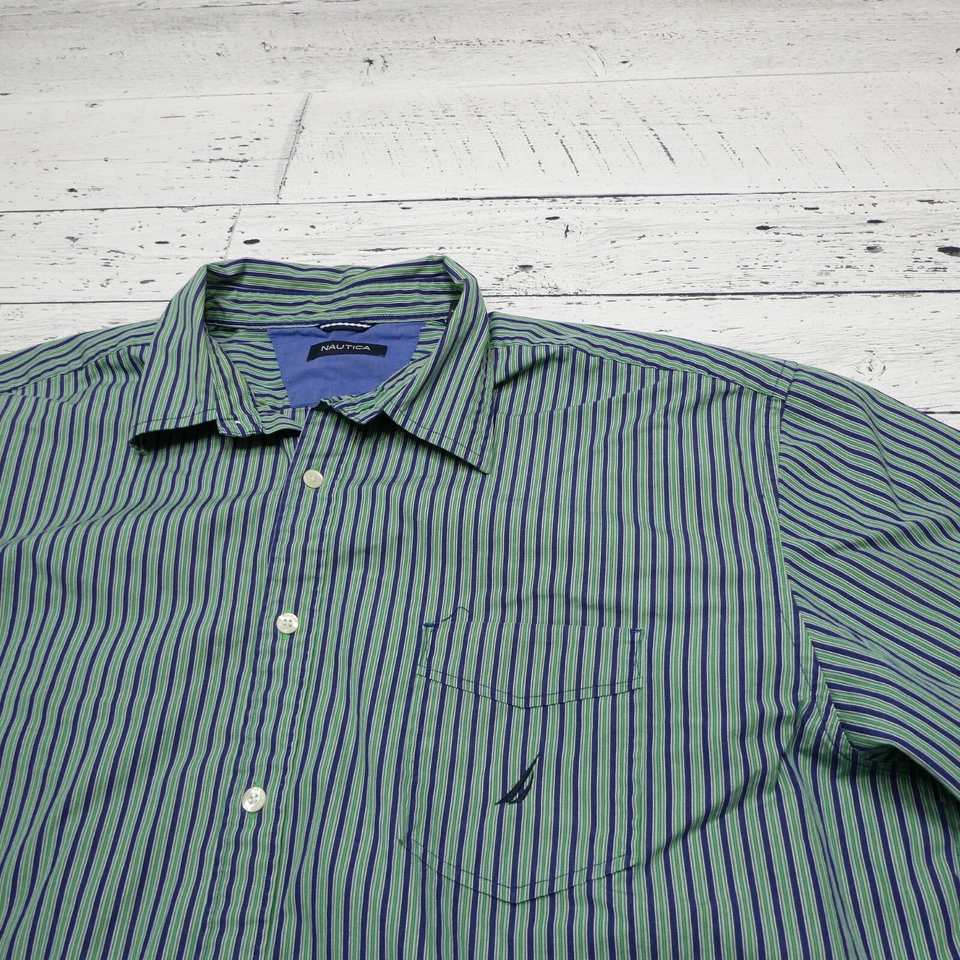 Camisa Nautica Para Hombre 2XL Verde Azul Rayas Algodón Abotonado Bordado Logo Foto 2 de 4