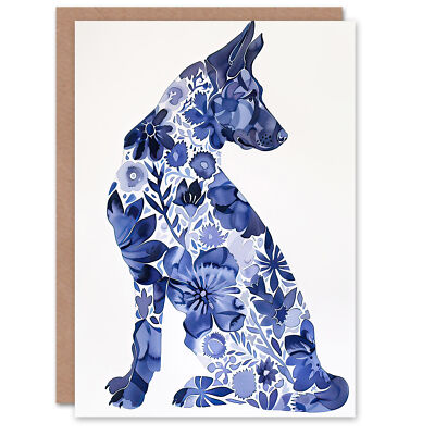 Grußkarte Blau Deutscher Schäferhund Blumenmuster Aquarell Geburtstag