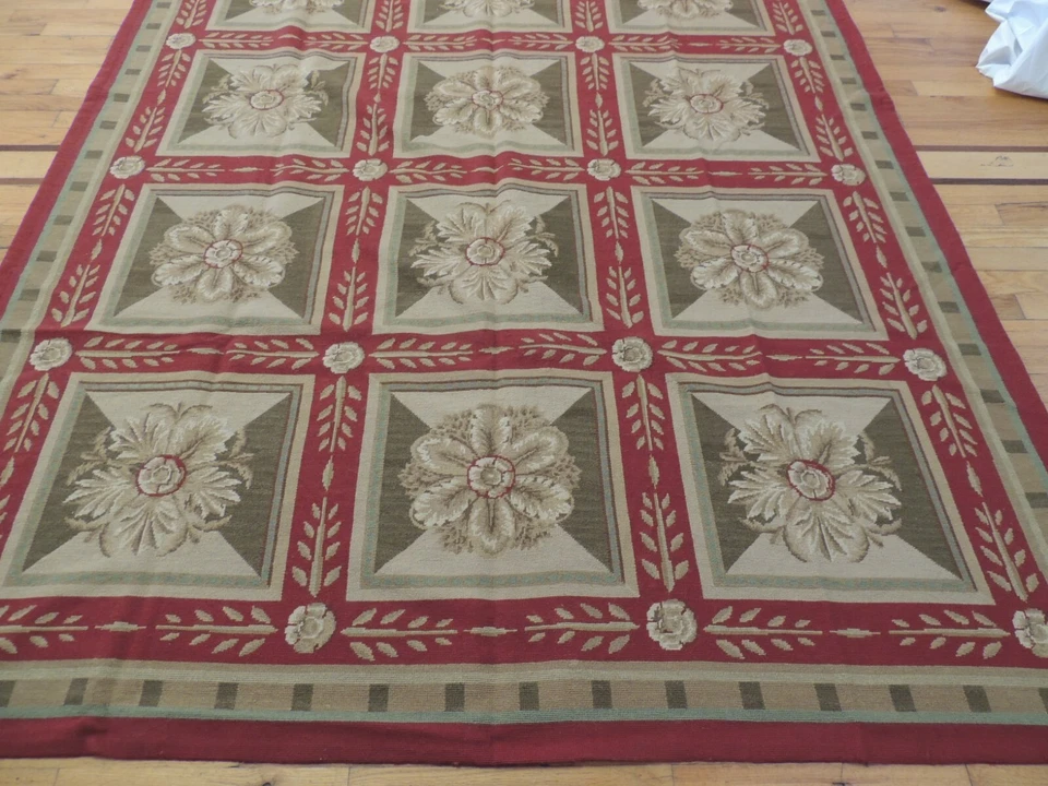 Alfombra 6x9 diseño francés Aubusson punta de aguja rojo verde beige patrón de caja Foto 3 de 4