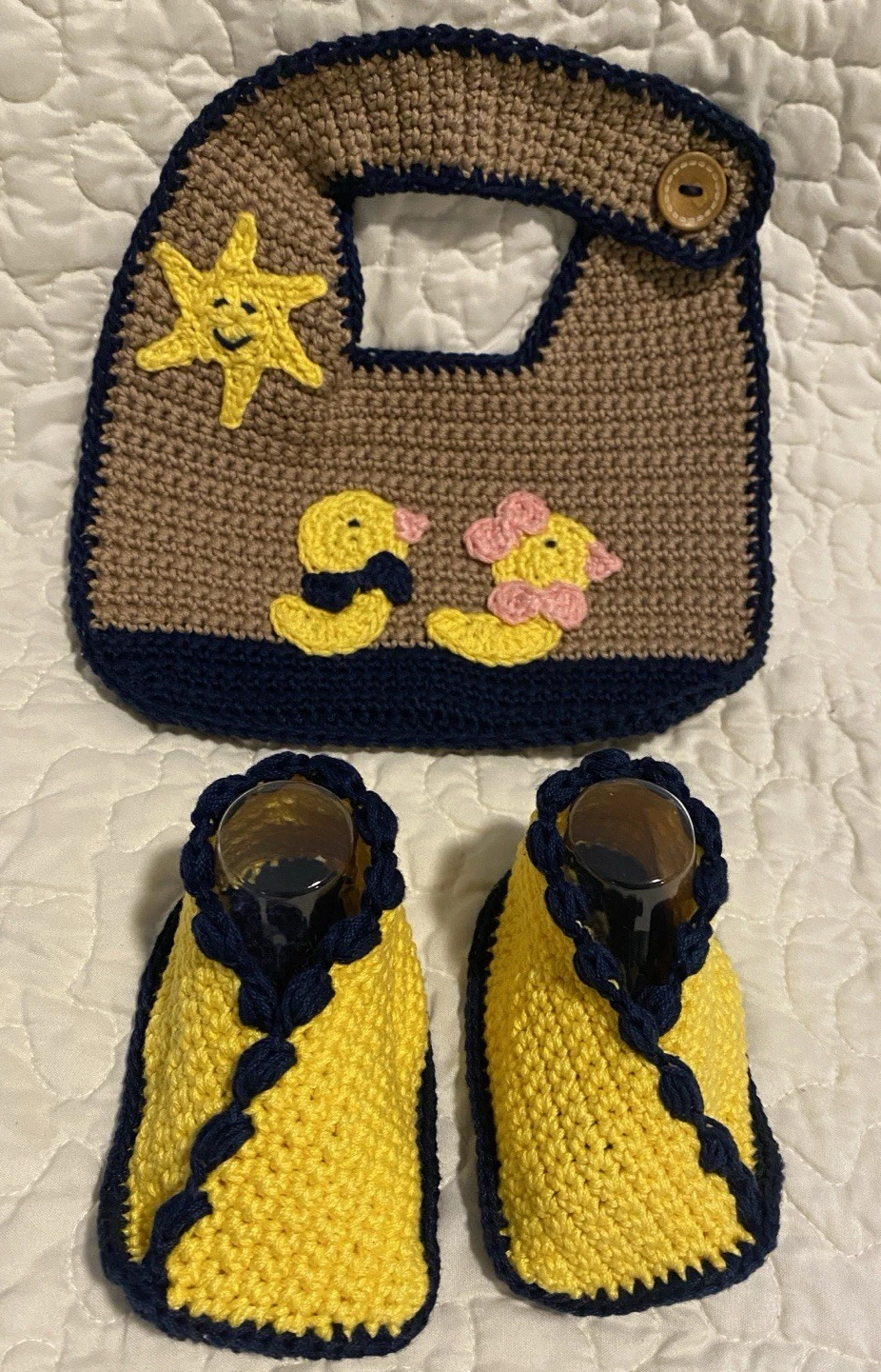 Handmade Crochet Baby Bib & Booties Set Ducks Size 0-6 months Blue & Yellow/Tan