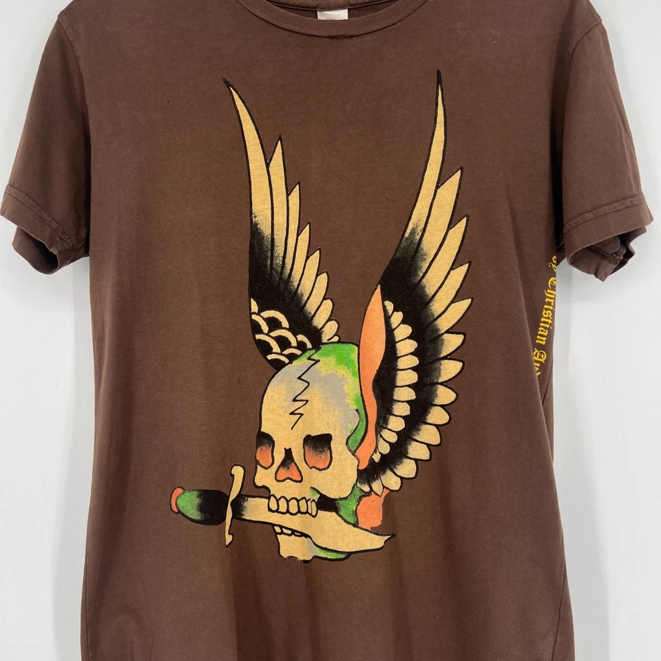复古 Don Ed Hardy 衬衫男式 S 棕色头骨天使刀 Y2K Christian Audigier — 第 3/4 张图片