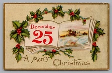 Edwardian Antique Christmas Gilt Postcard December 25 Winter Scene Holly Garland