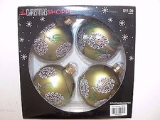 NEW NWT Christmas Ornament Round Pinecone Pine Set 4 Gold Glass Glitter Painted
