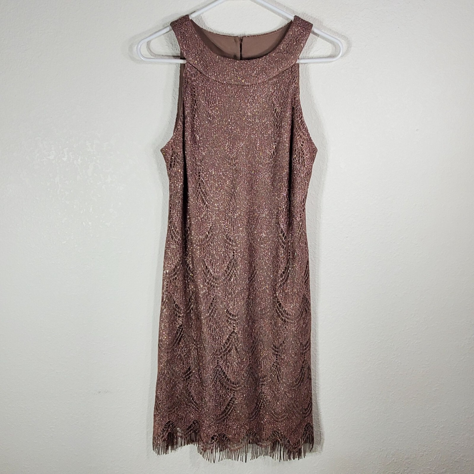 Dressbarn Cocktail Dress Size 12 Champaign Sleeveless Sheath Dress Fringe-image