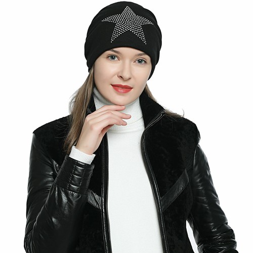Damen Strass Stern Mütze Beanie gefüttert Wintermütze Fashion Style blau schwarz - Imagen 3 de 13