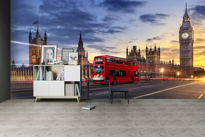 3D London Big Ben Bus G214 Transport Wallpaper Mural Self-adhesive Removable Wen