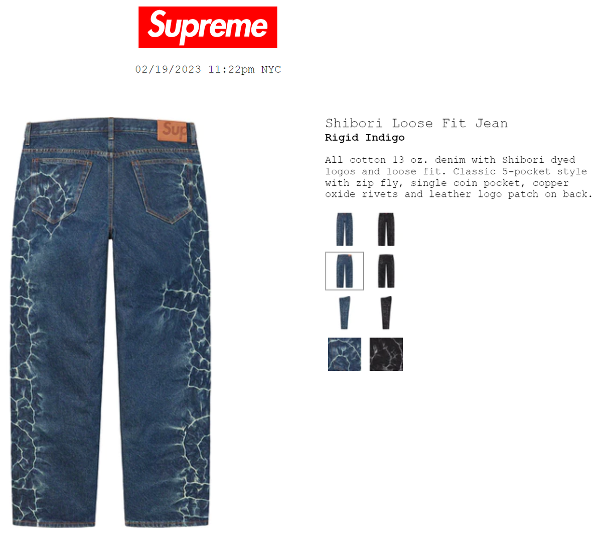Supreme Shibori Jean Rigid Indigo Size 30 Denim NEW SS23 Supreme Shibori Jean Rigid Indigo Size 30 Denim NEW SS23