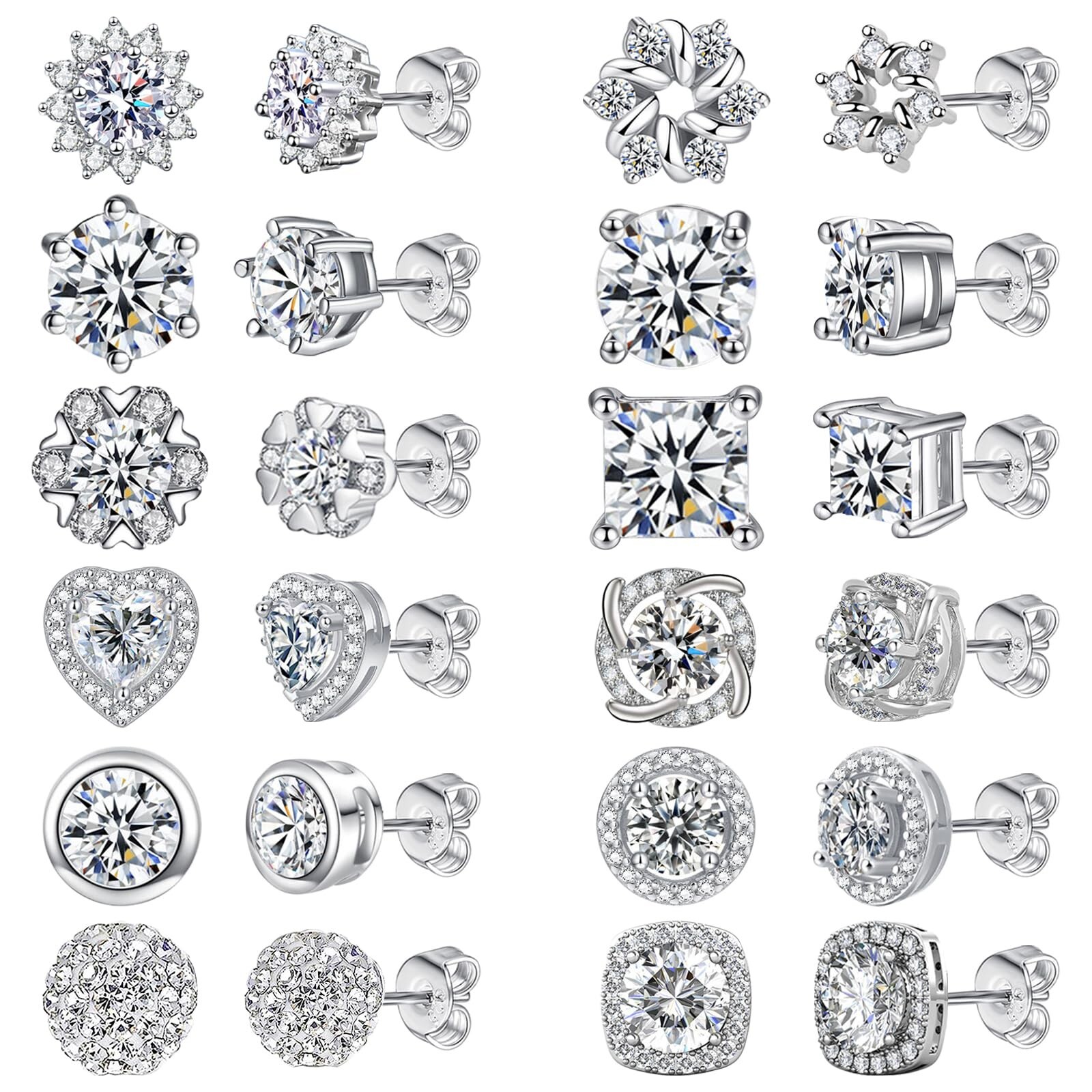 NEWITIN 12-Pair Hypoallergenic Silver Stud Earrings for Women - Sterling Silver Style