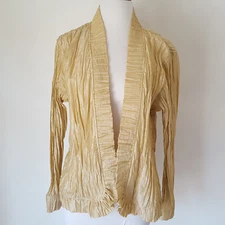 Chicos Gold Jacket Crinkle Open Front Size 2 (L/12) Long Sleeve Cardigan Dressy