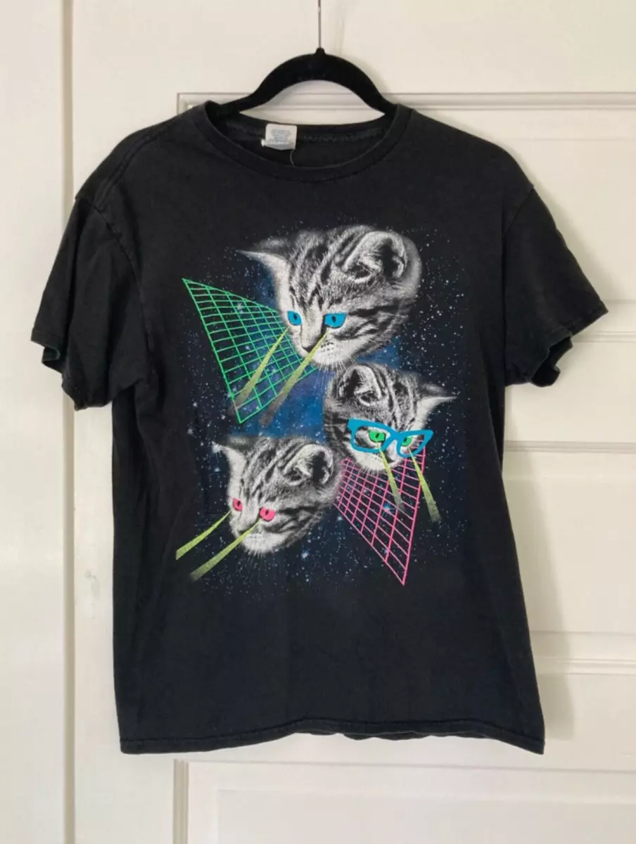 Mens T Shirt Medium Space Cats Cosmic Laser Eyes Black Neon Pink Glasses Retro