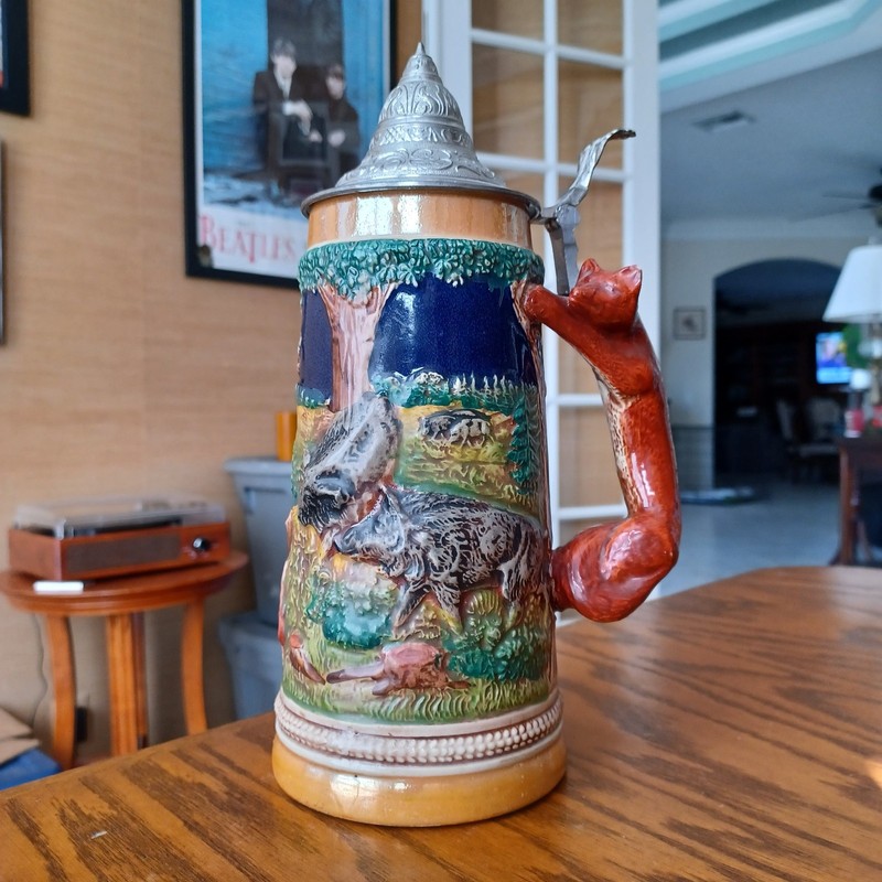 RARE GERZIT German Beer Stein Fox Handle Pewter Lid 11" Deer Elk Stag Wild Boar