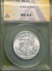 1945 D Walking Liberty Half Dollar ANACS MS63, Beautiful Strike, Bright White