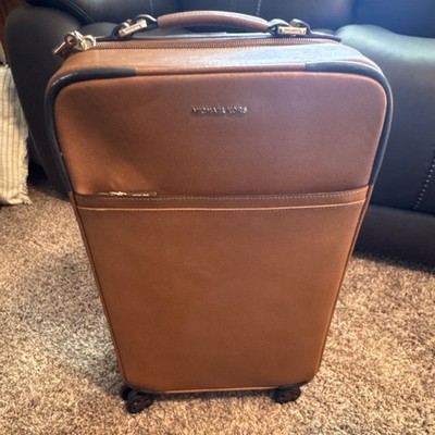 Michael Kors Brown Leather Suitcase with Wheels, Retractable Handle, Carry On