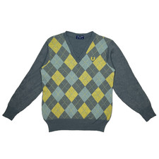 Fred Perry Mens 42 Gray Argyle V Neck Sweater Made England Preppy