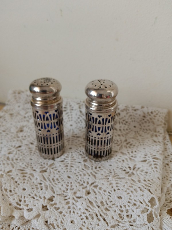Vntg.  Silverplate Salt & Pepper Shakers  w/Cobalt Blue Glass Inserts - 3" H