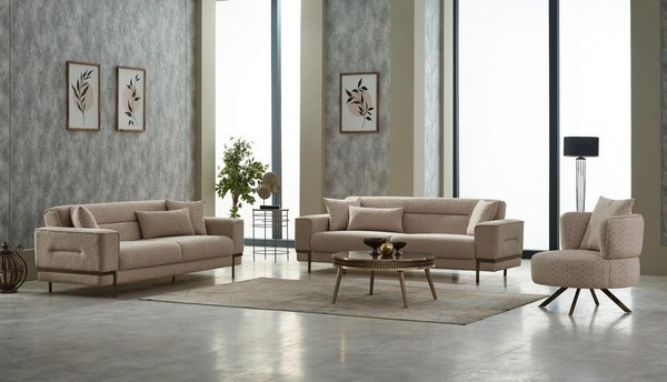 Sofagarnitur Dreisitzer Sofa Stoffsofa Polstersofa Beige Sessel 3Tlg-image