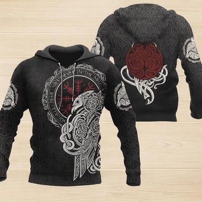 Viking Raven Compass 3D Hoodie Nordic Symbol Sweatshirt Unisex Pullover