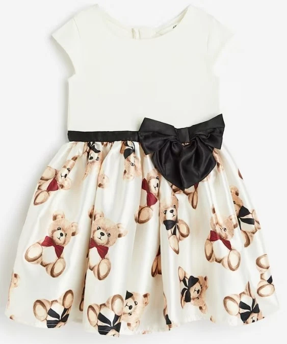 H&M White and Black Kids Dress with Teddy Bear Print 3/4T