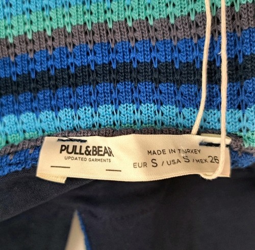Retro 70s Halterneck Dress Mini Size S Striped Crochet Blue Pull&Bear BNWT - Picture 2 of 18