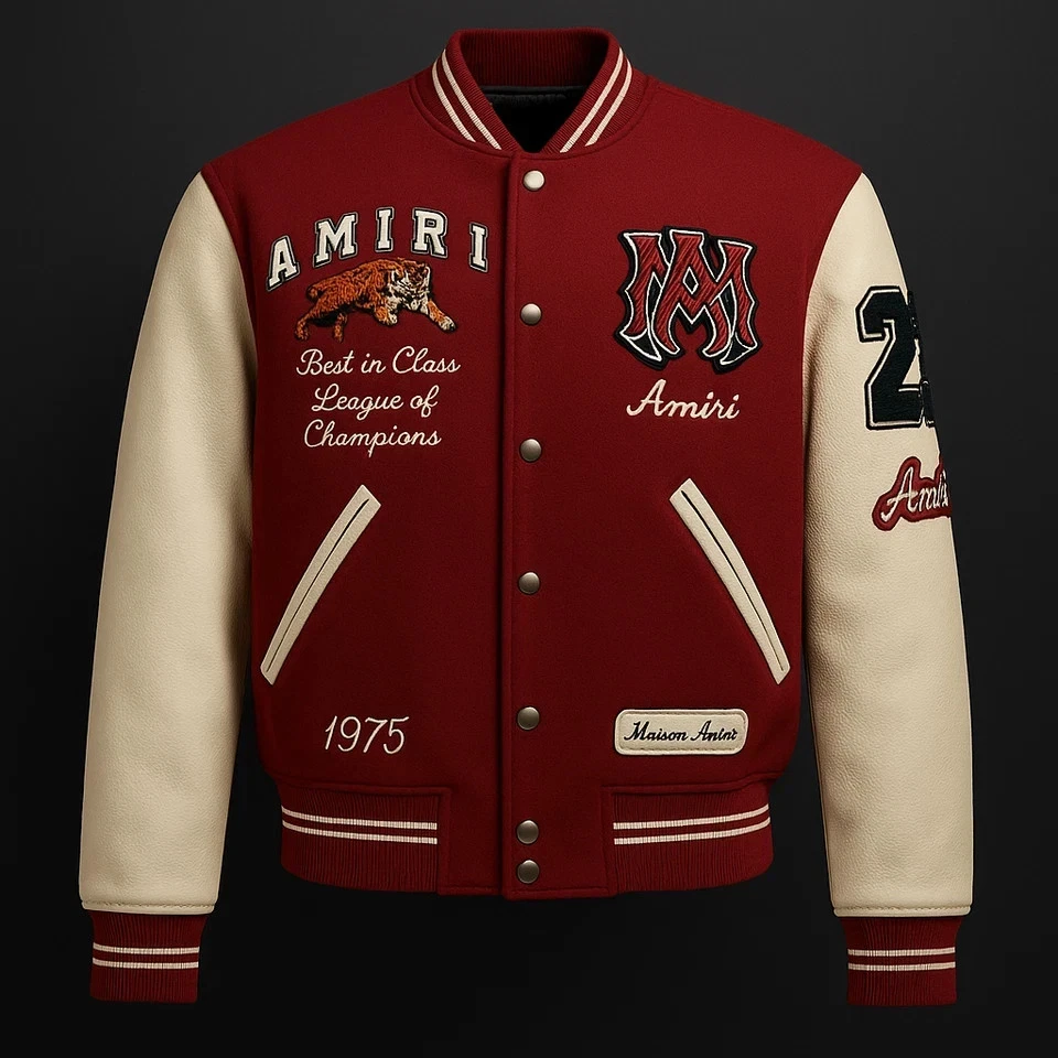 Amiri Varsity Jacket Red & White Leather Sleeve Tiger Patch Logo Size - Image 2 of 4