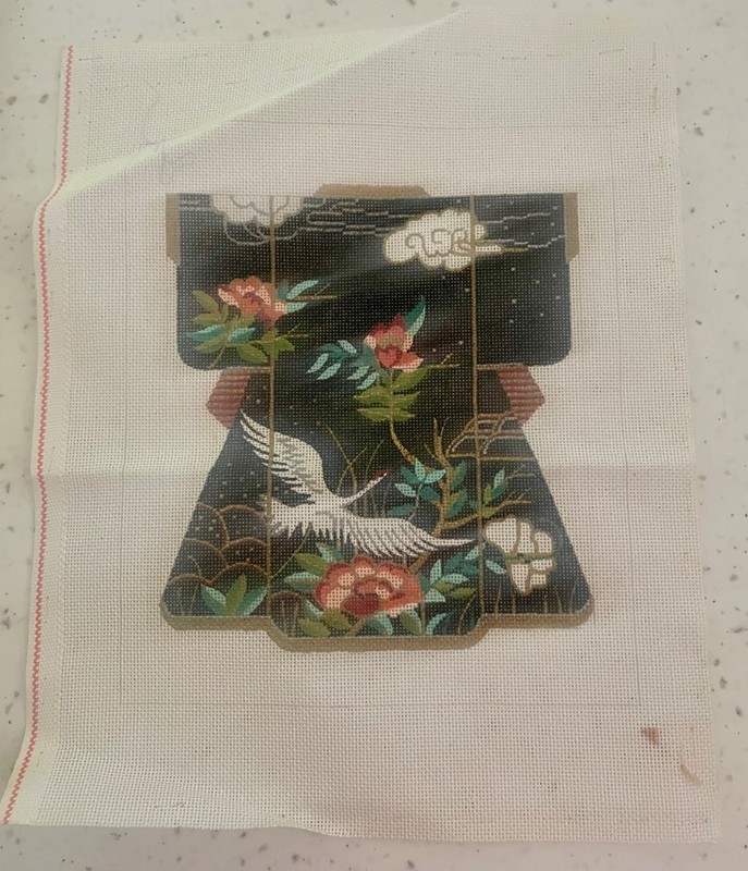 REDUCED AGAIN!  Crane Kimono Han Painted Needlepoint  Canvas - 16 Count