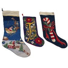 3 Large Vintage Wool Needlepoint Christmas Stockings Wool Front / Velvet Back