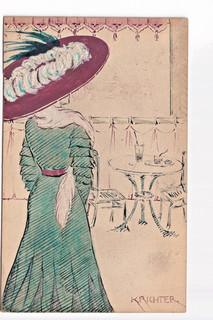Postcard Richter café lady fashion Art Nouveau hand colored used Leipzig Sellerhausen