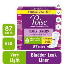 Poise Daily Incontinence Panty Liners, 2 Drop Very Light Absorbency, 87 Count