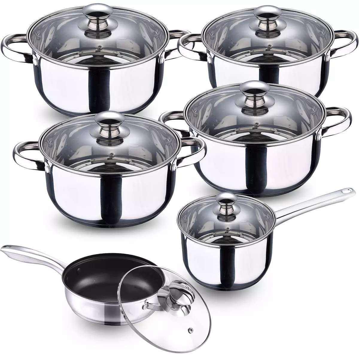 12pc Induction Stainless Steel Cookware Kitchen Glass Lids Pot Pan