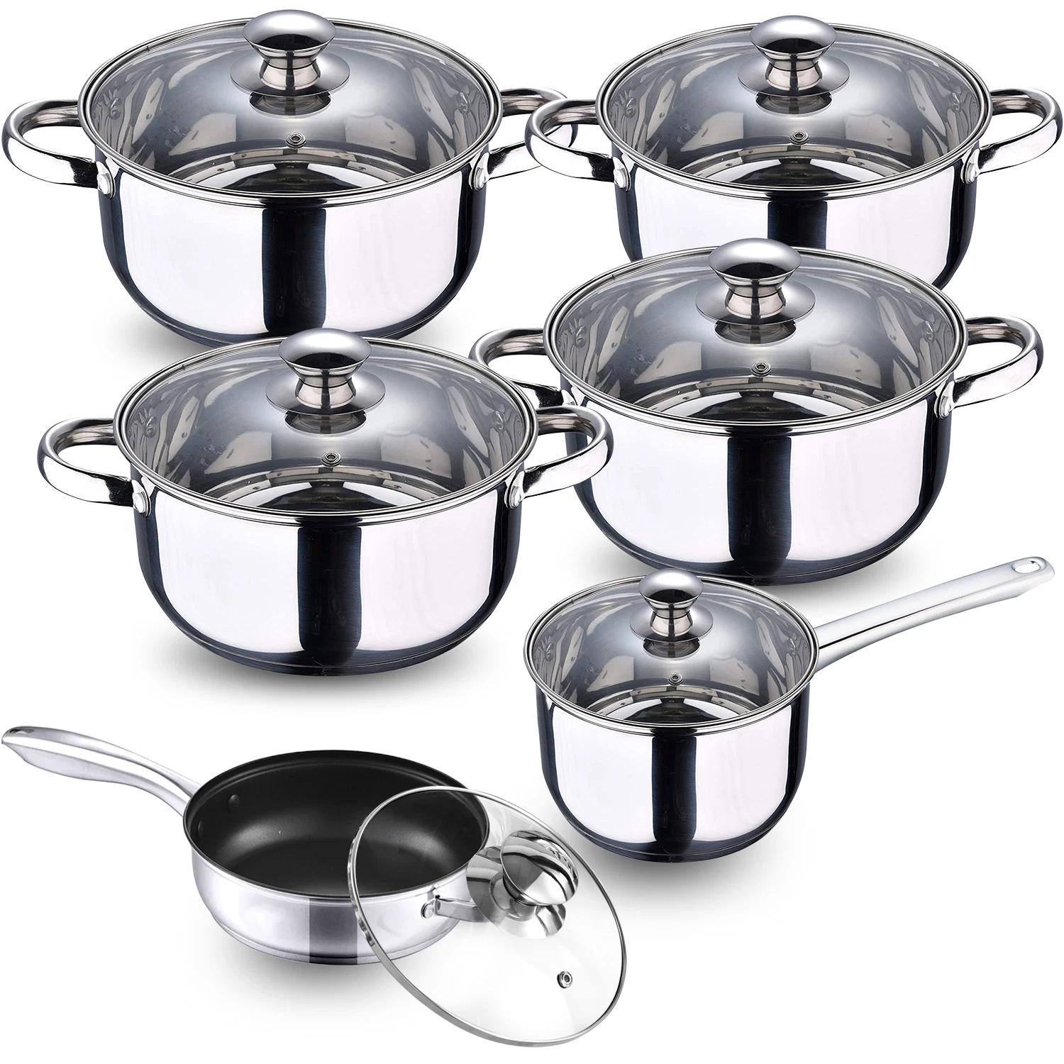12pc Induction Stainless Steel Cookware Kitchen Glass Lids Pot Pan Dining Set