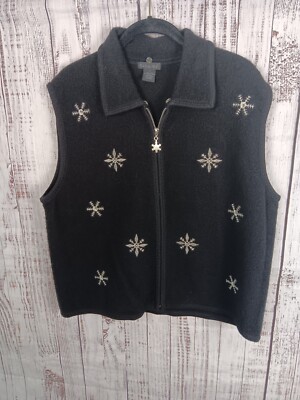 Tally-Ho Vest Women s XL Black 100%  Wool Collared Full-Zip Snow Flakes 