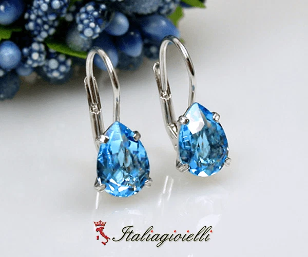 Orecchini Goccia Brillanti con Topazi in Argento 925 Rodiato Oro Bianco - Immagine 3 di 4