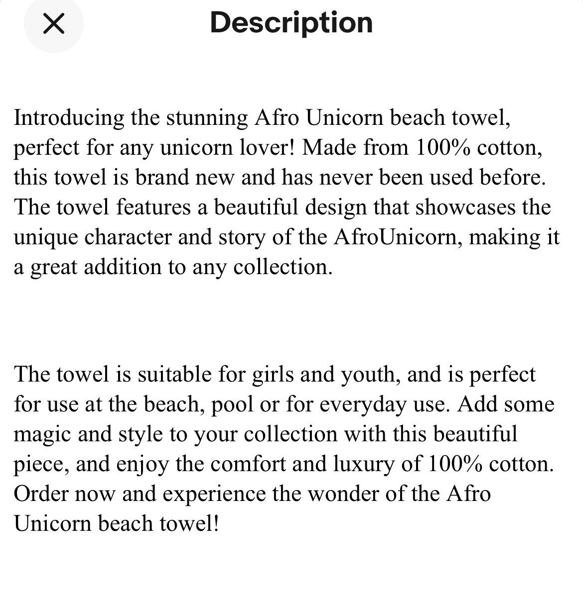 Afro Unicorn beach Pool Towel, 100%Cotton Kids Girls/Youth 28x58 Multicolor