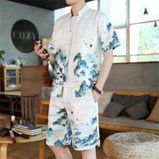 Men Summer Outfit 2-Piece Set Short Sleeve Shirt and Shorts Sweatsuit Set