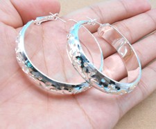 925 Sterling Silver Plated Women Jewelry Flower pattern 50MM Hoop Dangle Earring