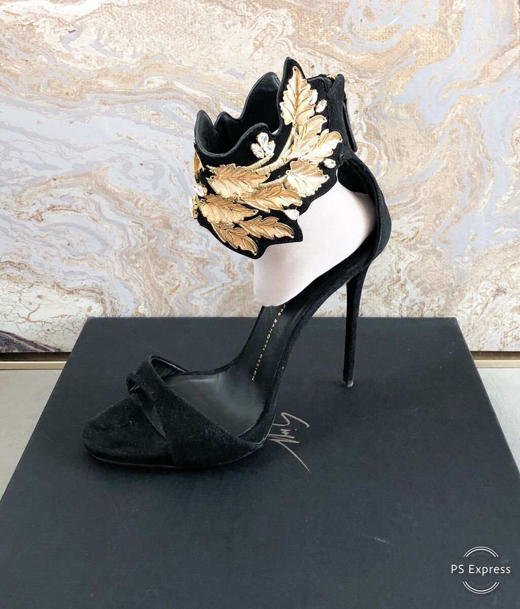 Giuseppe Zanotti Suede Crystal Embellished Gold Leaf Ankle Giuseppe Zanotti Suede Crystal Embellished Gold Leaf Ankle
