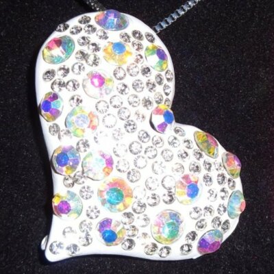 AB Crystals on White Enamel Heart Necklace or Pin Silvertone  Accents & Chain 