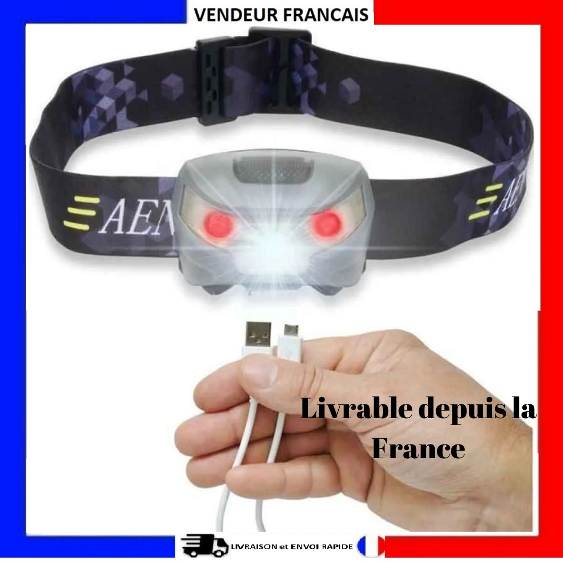 Lampe frontale LED rechargeable USB imperméable pour sport et outdoor