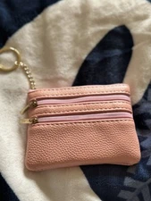 Light pink 3zipper Leather Small Coin Holder Change Purse Zipper Key Card Wallet