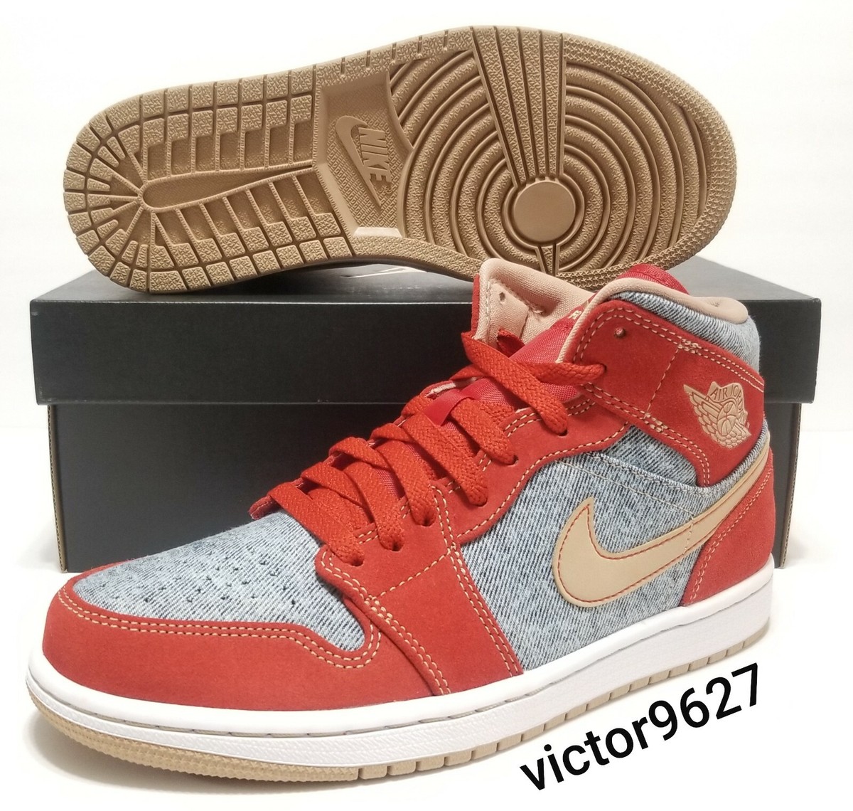 Size 9.5 Nike Air Jordan 1 Mid SE Denim Red Cinnabar Hemp